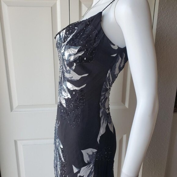 Cache Silk Blend Sleeveless Midi Beaded Dress Asymmetrical Hem - Picture 4 of 10